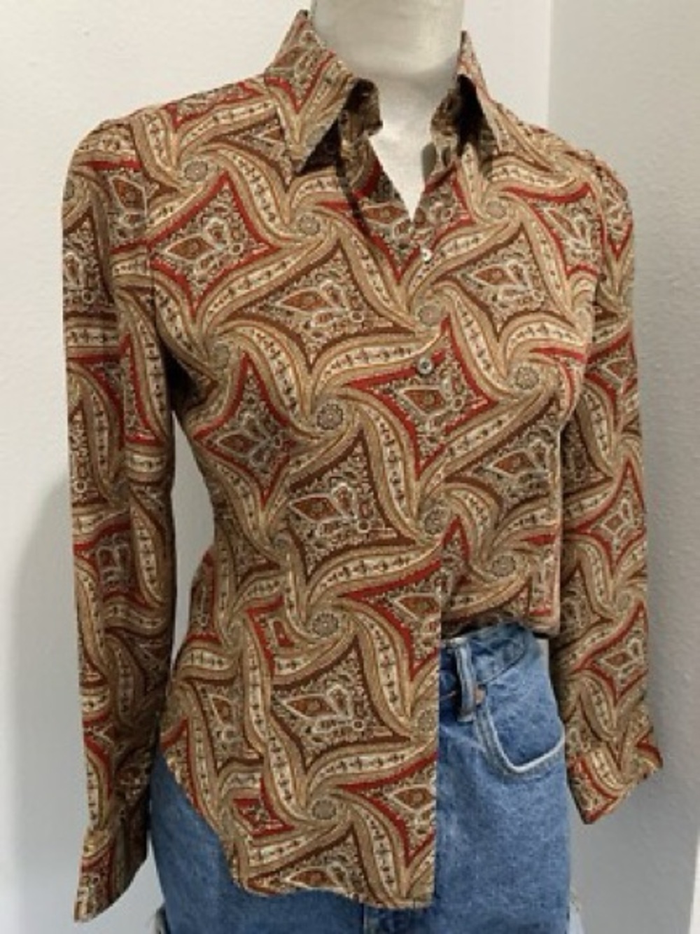 Talbot’s Paisley Print 100% Silk Button-Front Shirt - Brown/Red